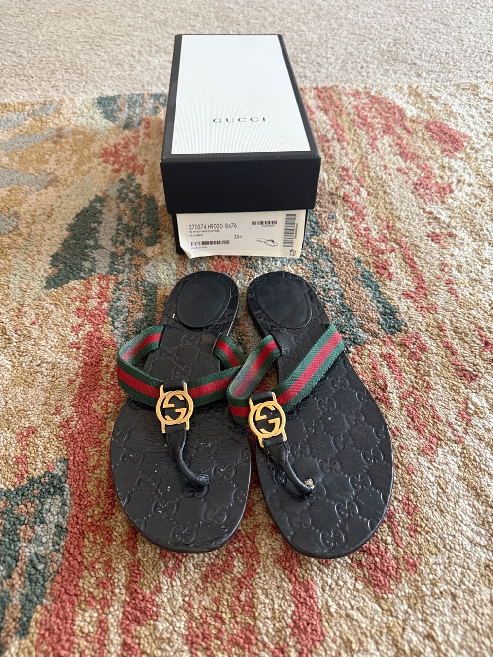 Gucci Black GG-Embossed Thong Sandals with Green and Red Straps
